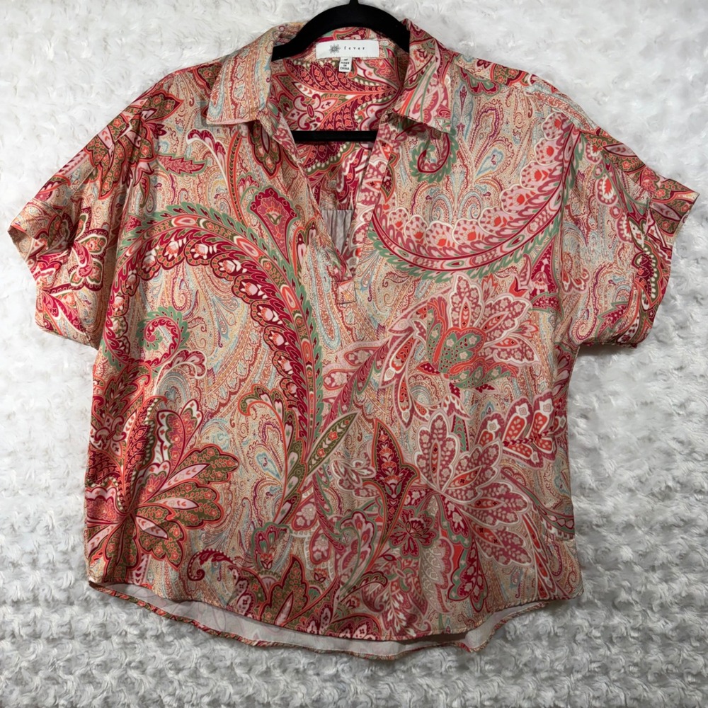 Fever Womens Size M Pink Orange Paisley V-Neck Short Sleeve Blouse Top
